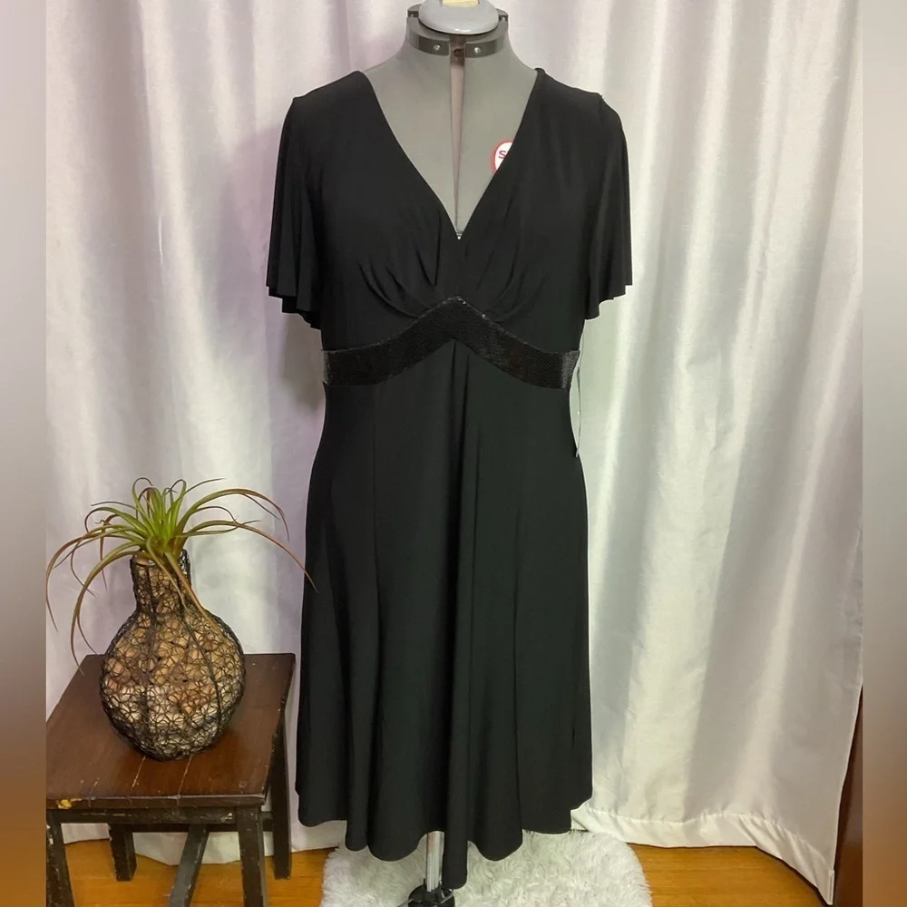 chaps short sleeve dress Chaps Short Sleeve Dress Womens 4 Navy Blue Stretch Knit Casual Midi Flare
